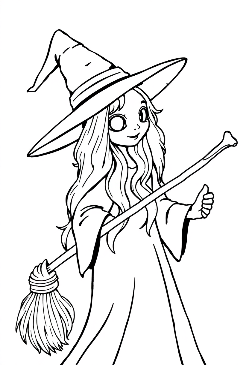 Witch Hat and Broomstick coloring page for kids