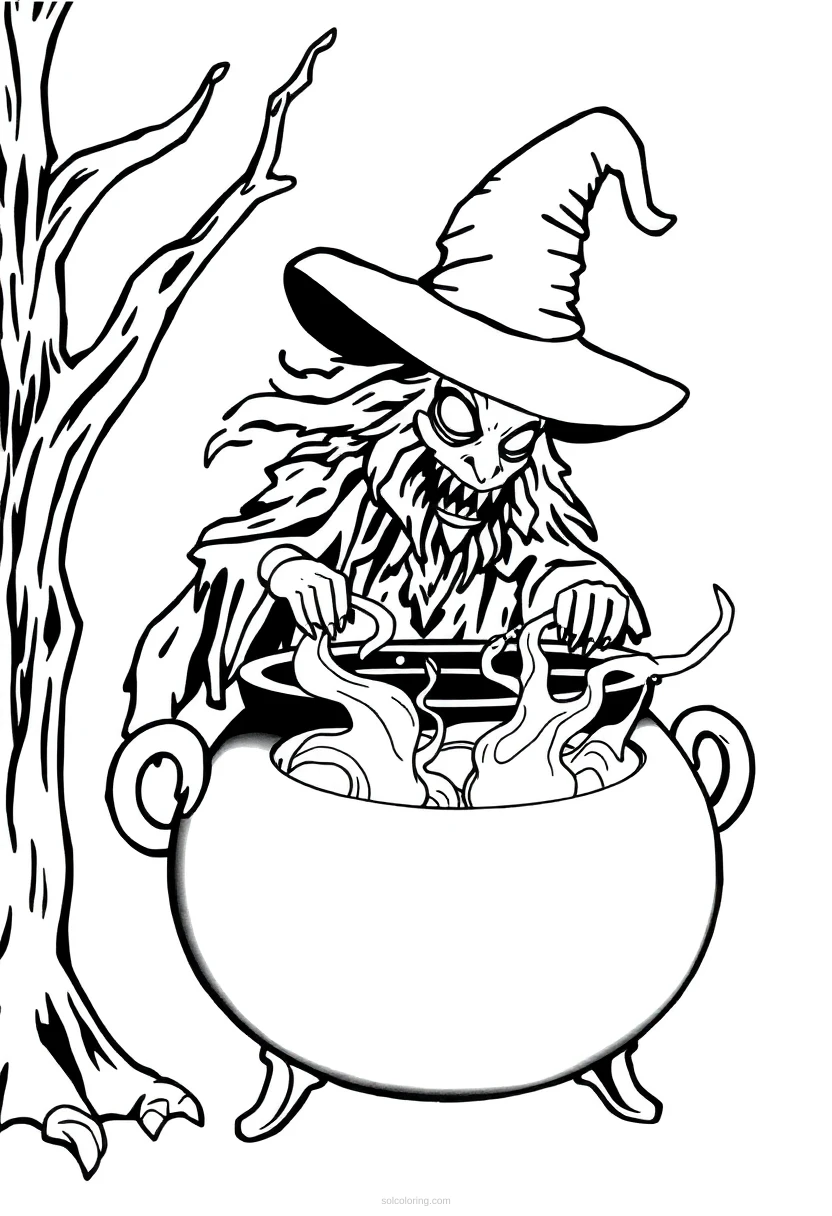 Witch's Cauldron Bubbling coloring page for kids
