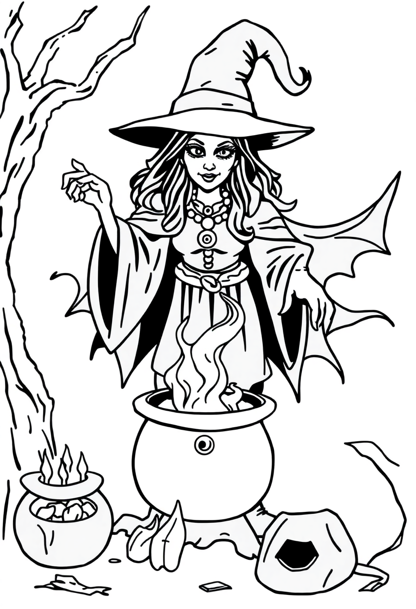Witch with Cauldron and Spells coloring page, free printable