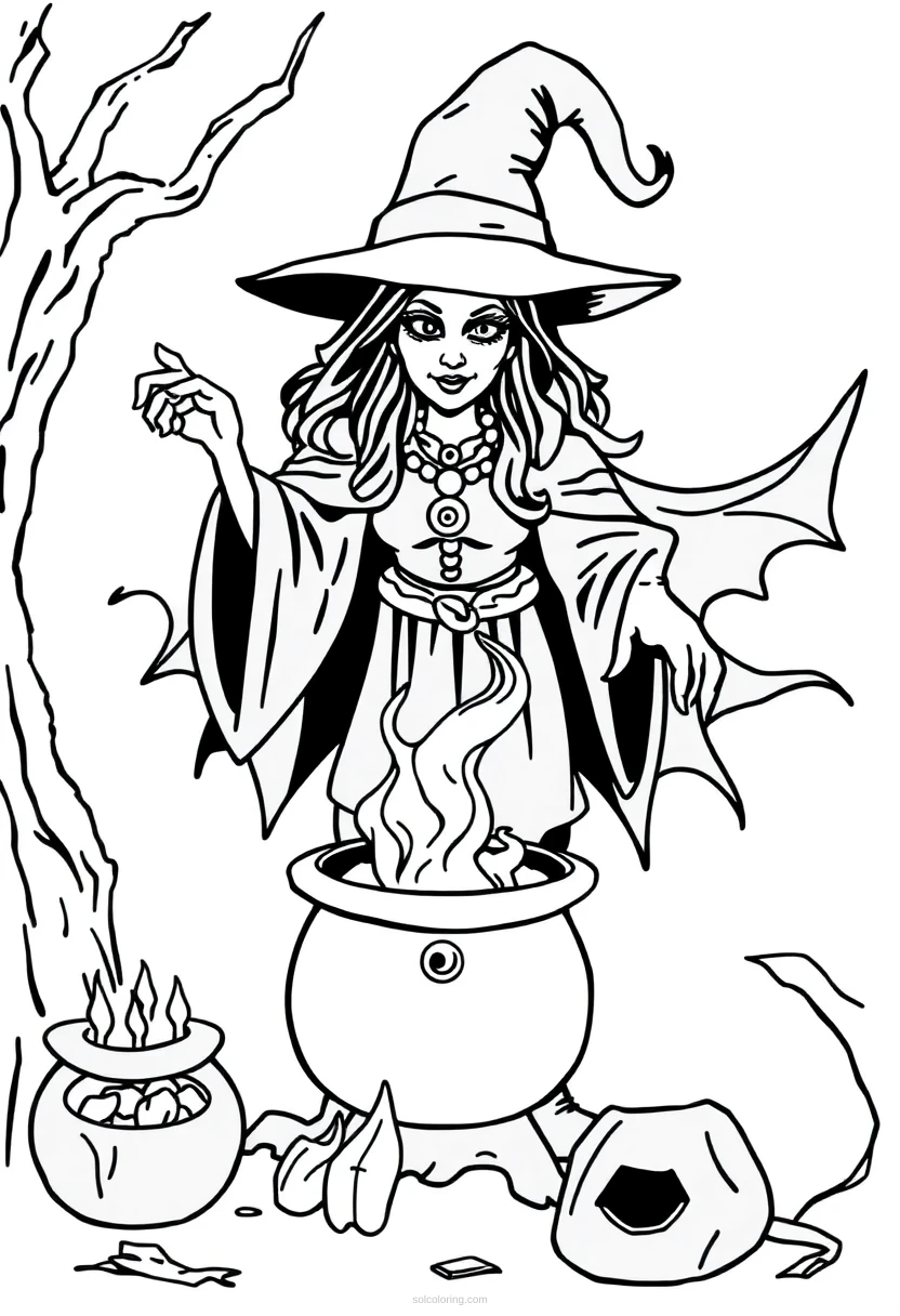 Witch with Cauldron and Spells coloring page for kids