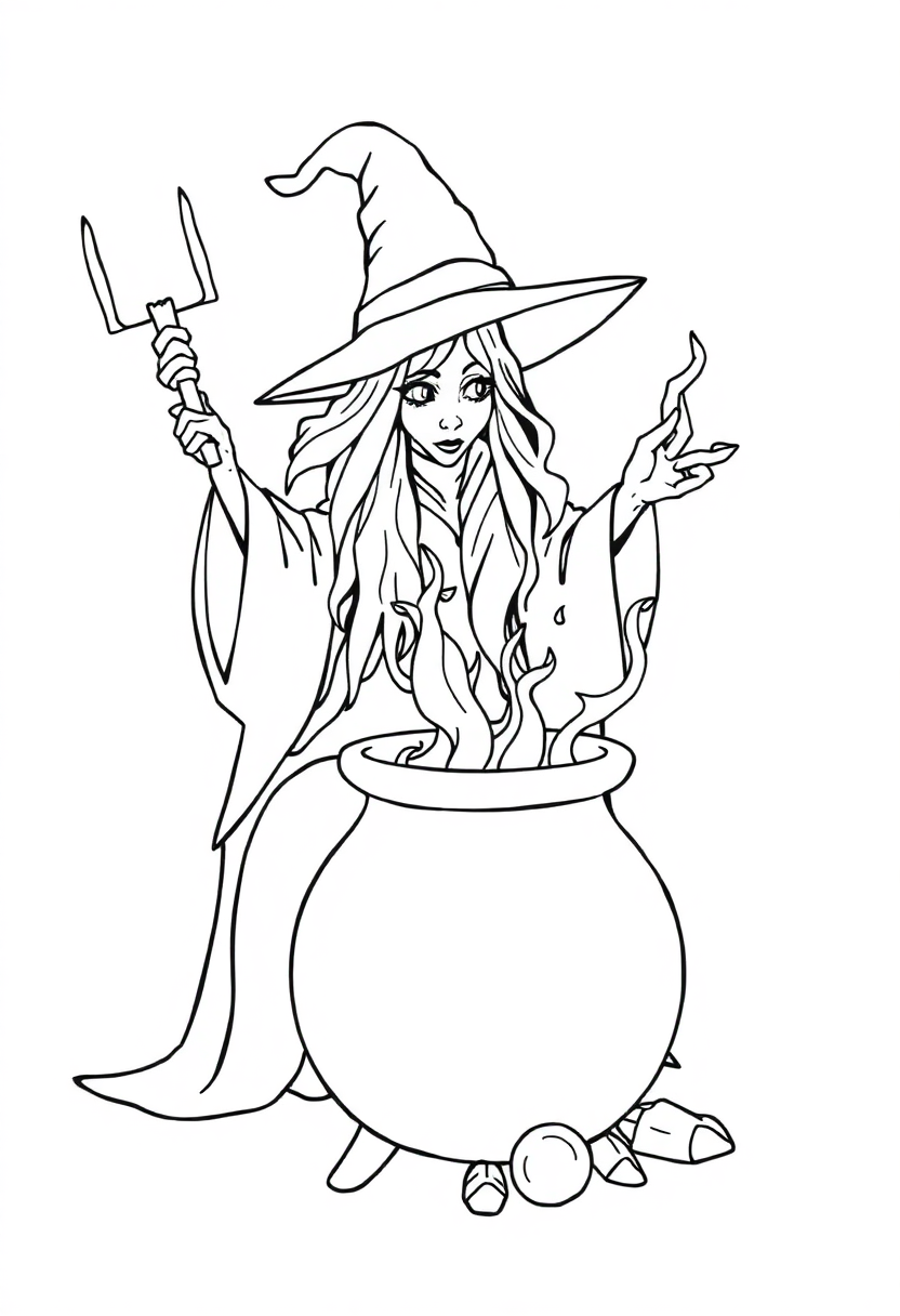 Witch with Cauldron and Spells coloring page, free printable