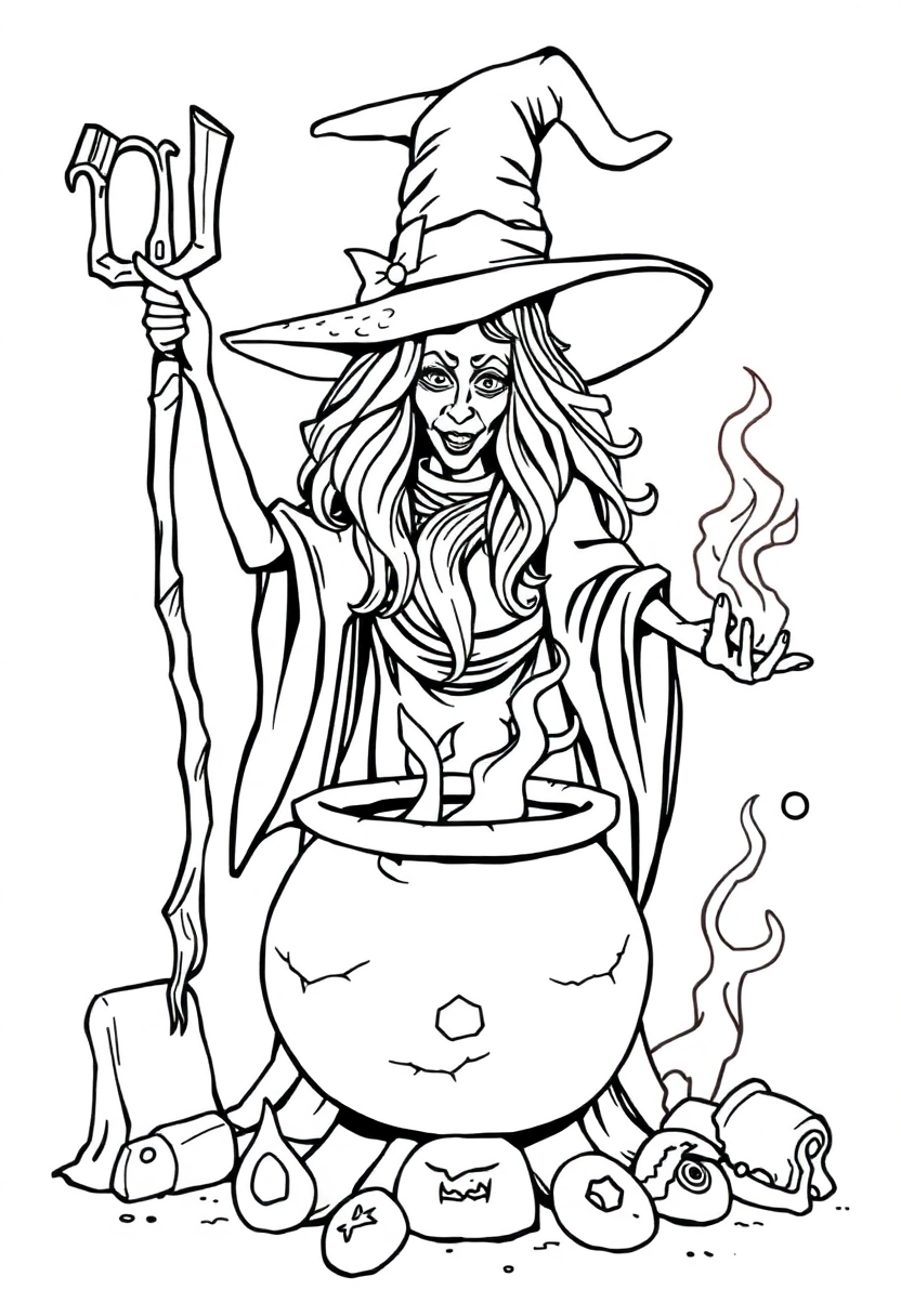 Witch with Cauldron and Spells coloring page, free printable