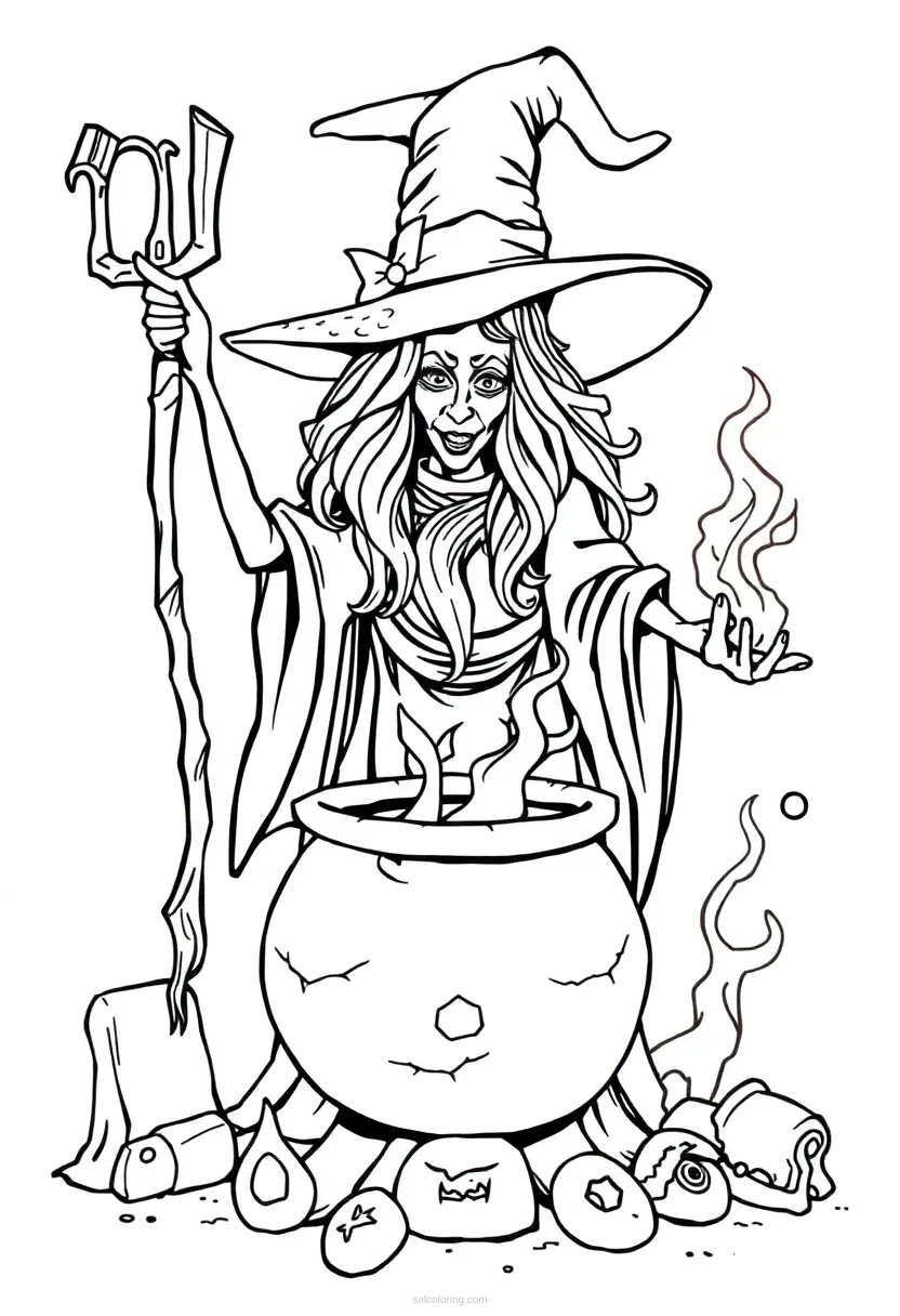 Witch with Cauldron and Spells coloring page for kids