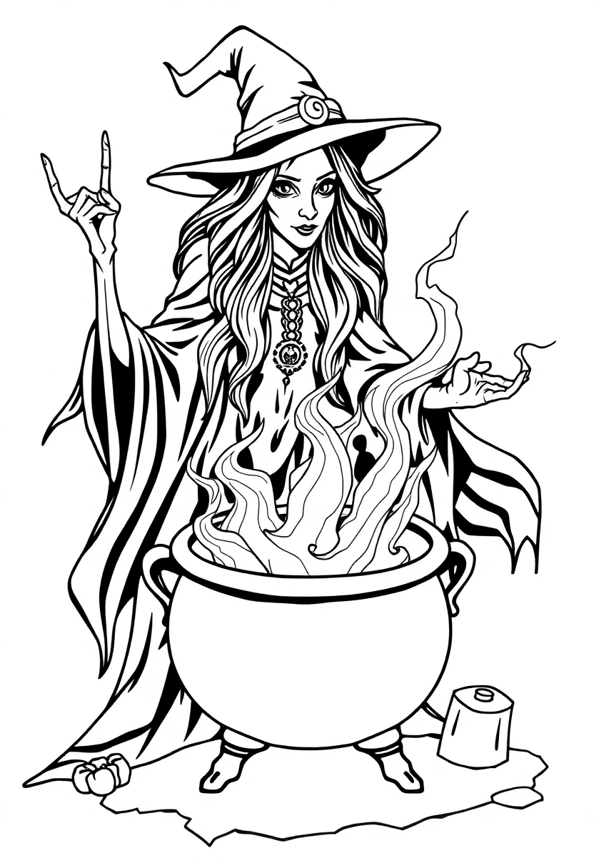 Witch With Cauldron And Spells coloring pages