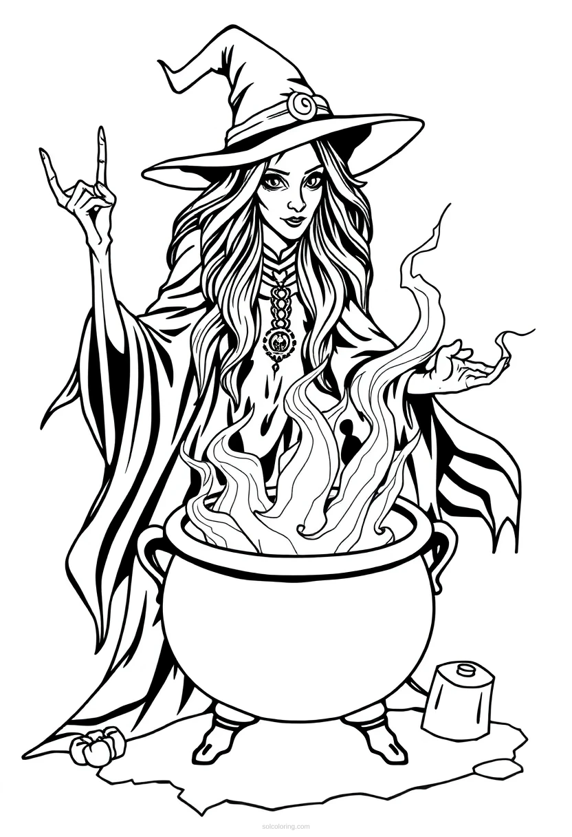 Witch with Cauldron and Spells coloring page for kids