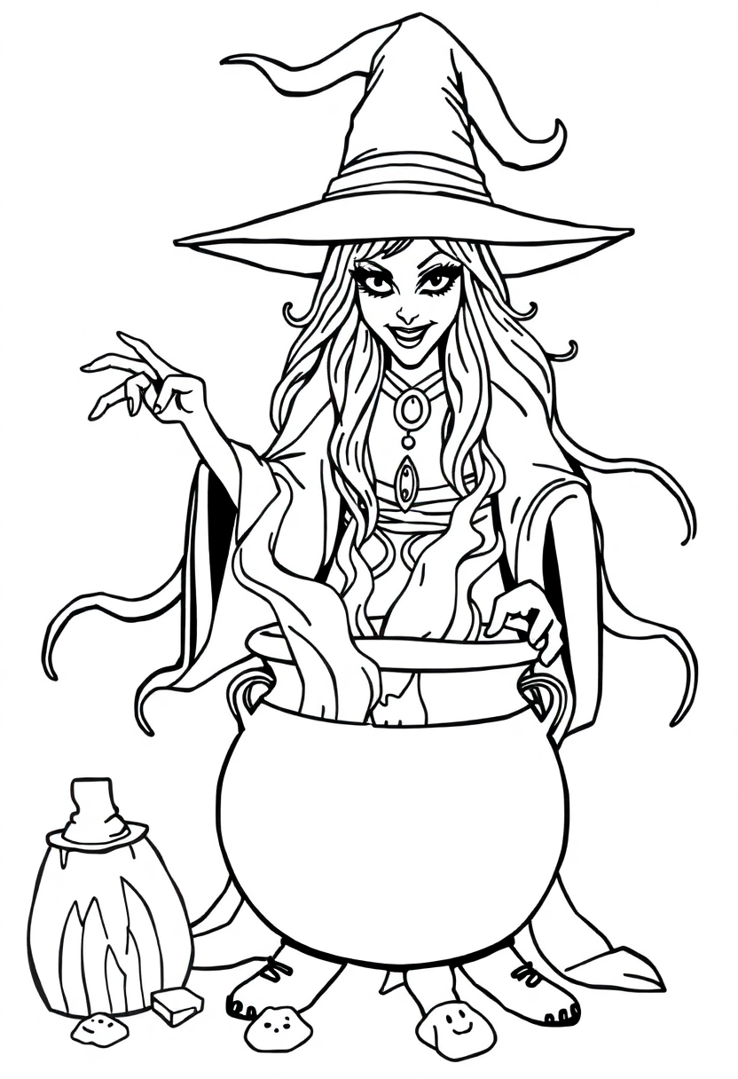 Witch with Cauldron and Spells coloring page, free printable