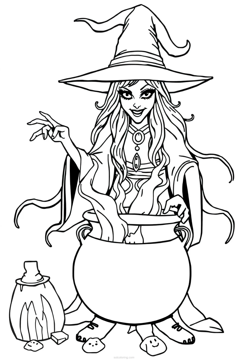 Witch with Cauldron and Spells coloring page for kids