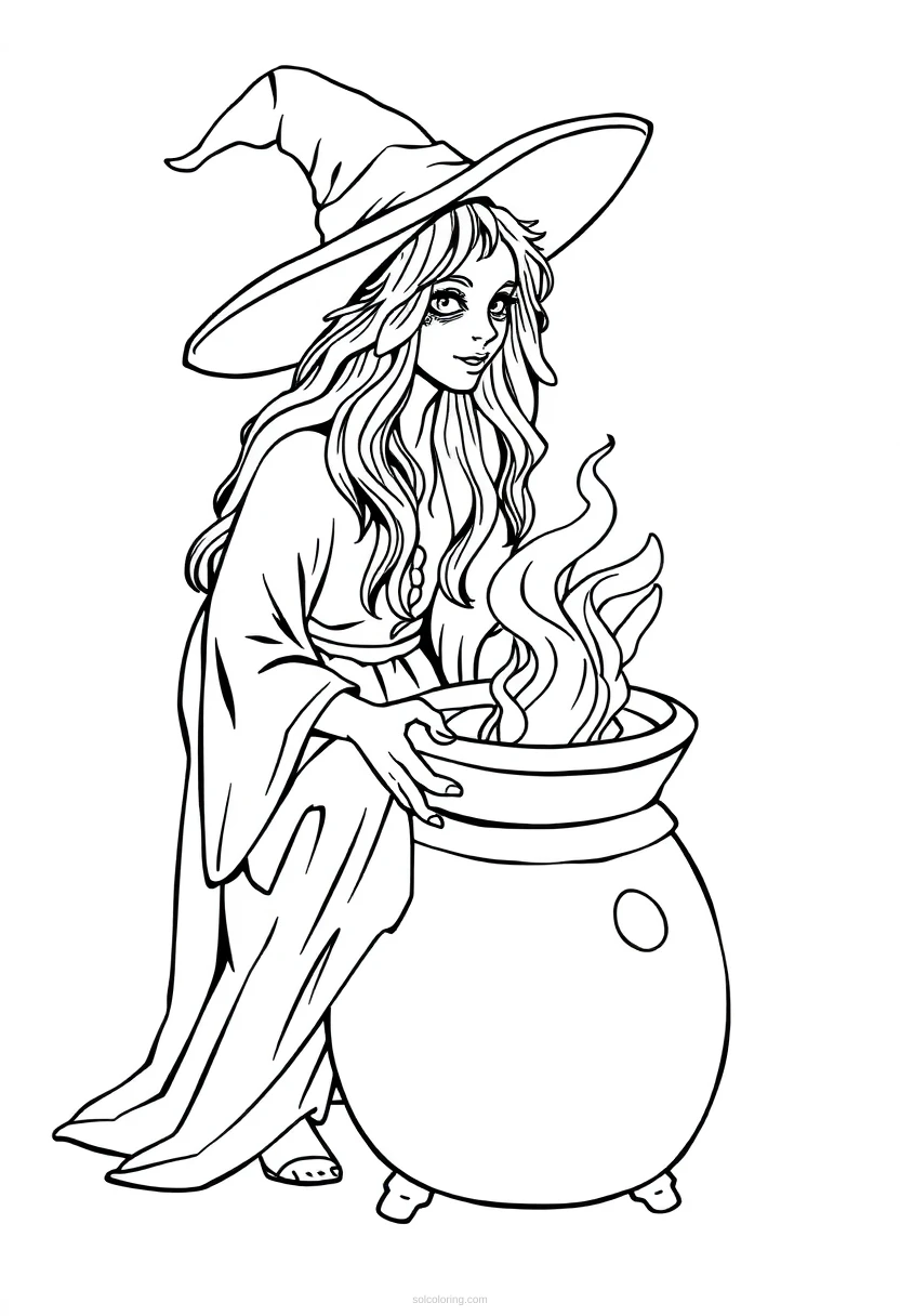 Witch with Cauldron coloring page for kids