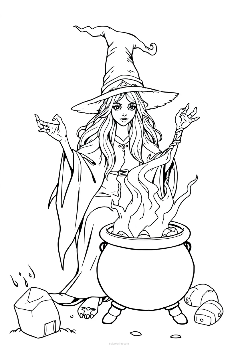Witch with Cauldron coloring page for kids