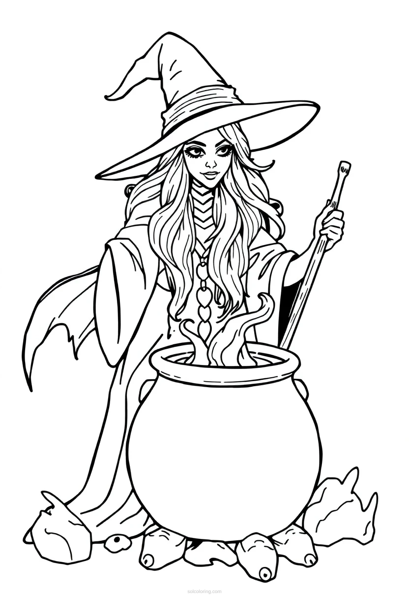 Witch with Cauldron coloring page for kids