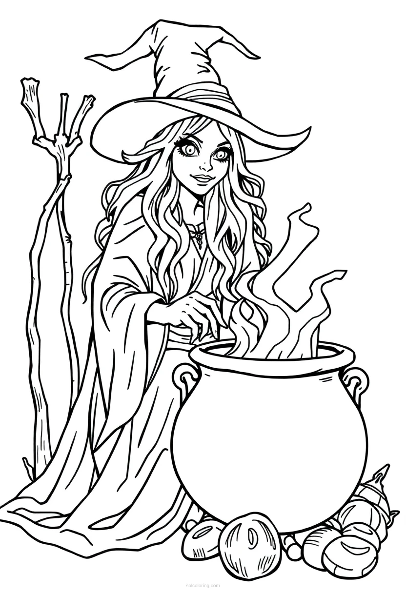 Witch with Cauldron coloring page for kids