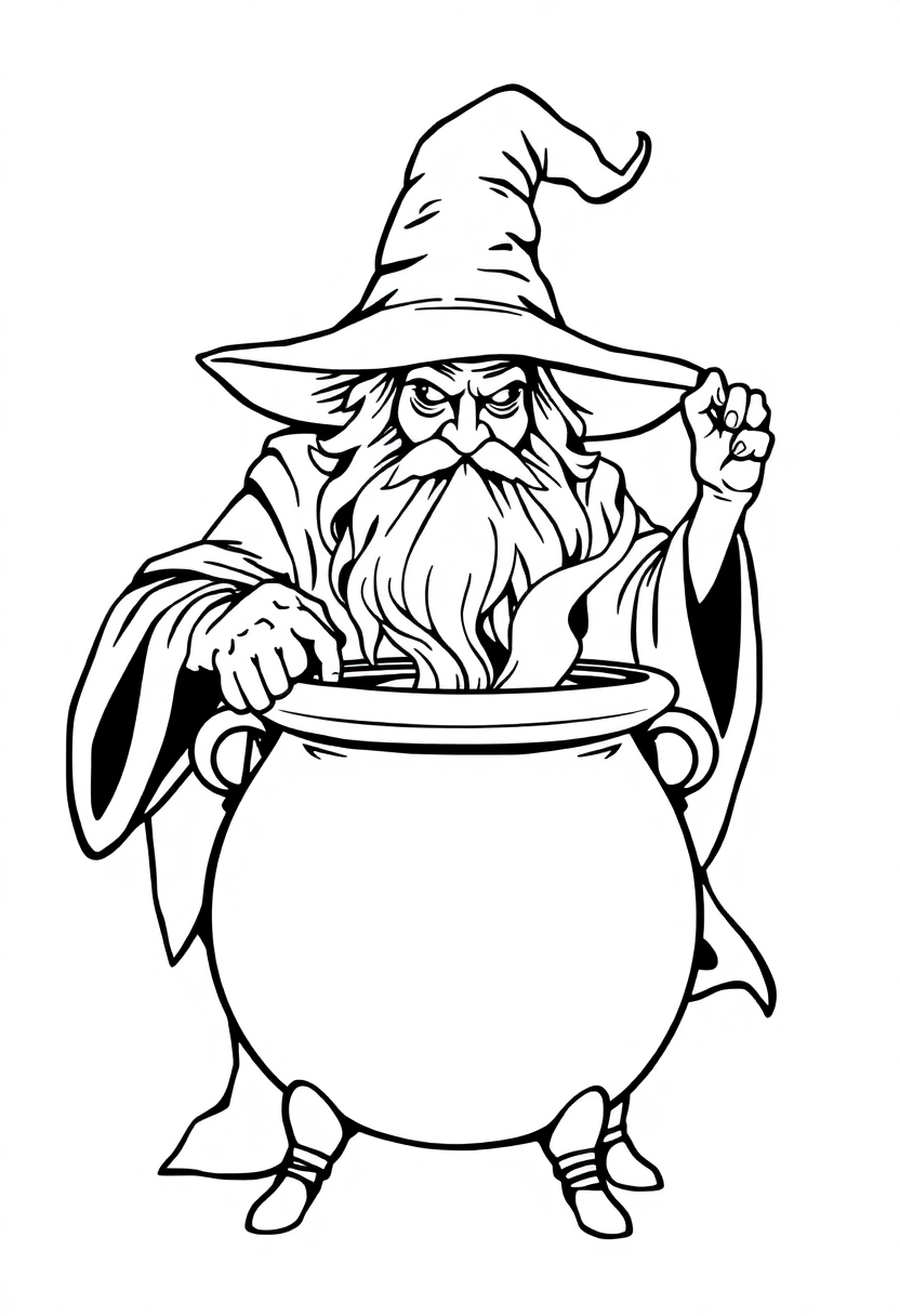 Wizard Brewing Cauldron coloring page for kids