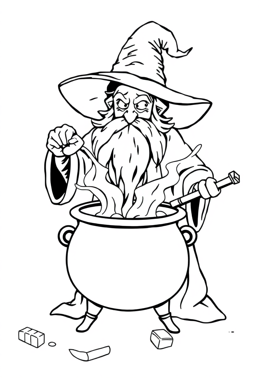 Wizard Brewing Cauldron coloring page for kids