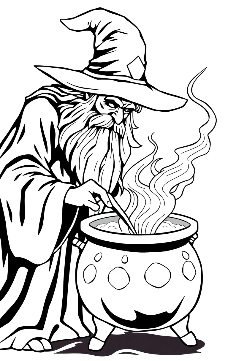 Wizard Brewing Cauldron coloring page for kids