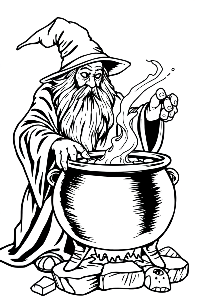 Wizard Brewing Cauldron coloring page for kids