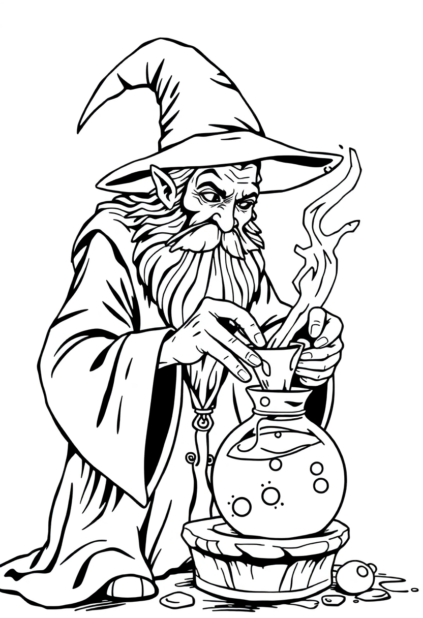 Wizard Brewing Magic Potion coloring page for kids