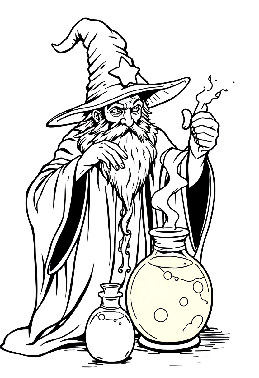 Wizard Brewing Magic Potion coloring page for kids