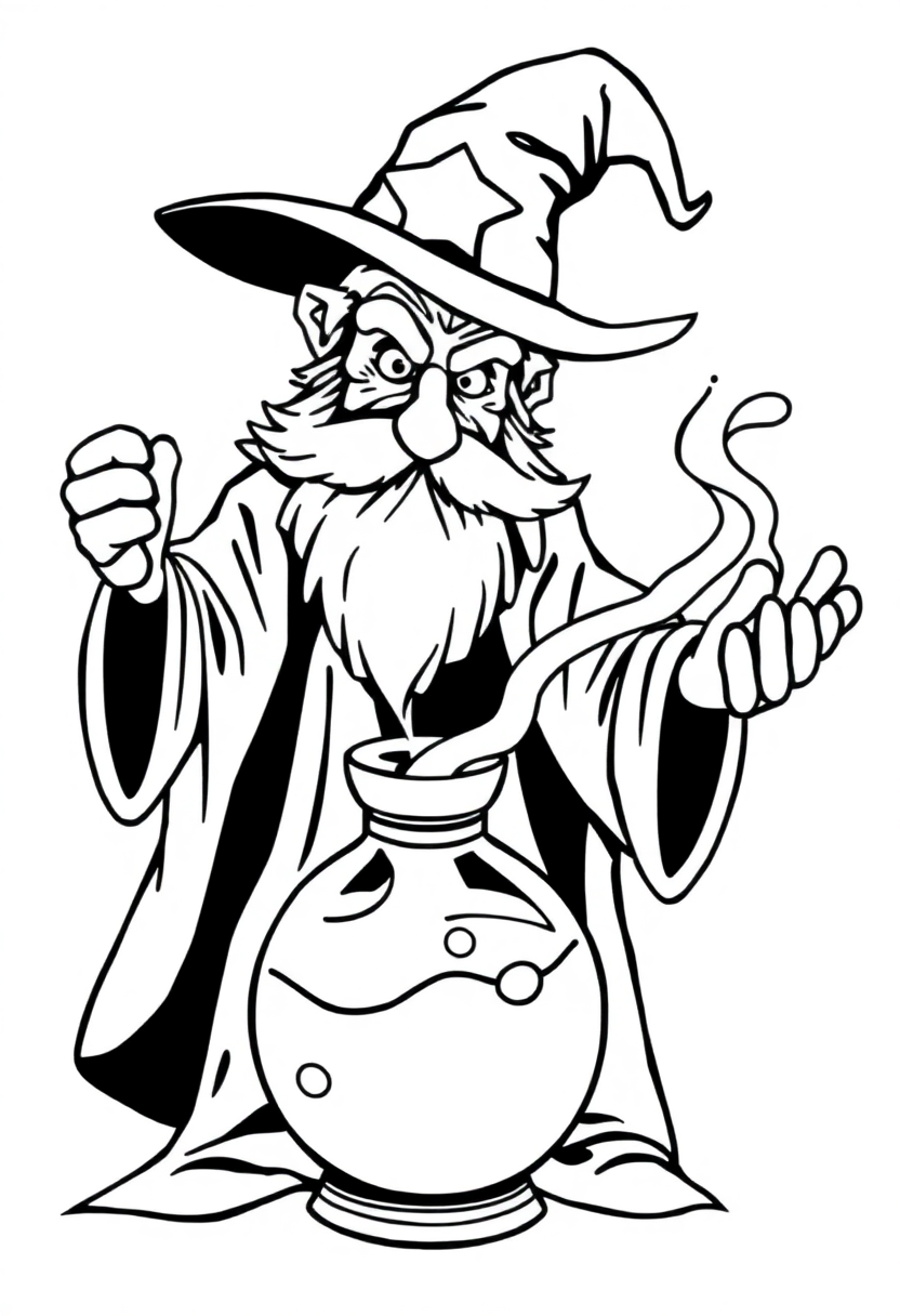 Wizard Brewing Magic Potion coloring page for kids