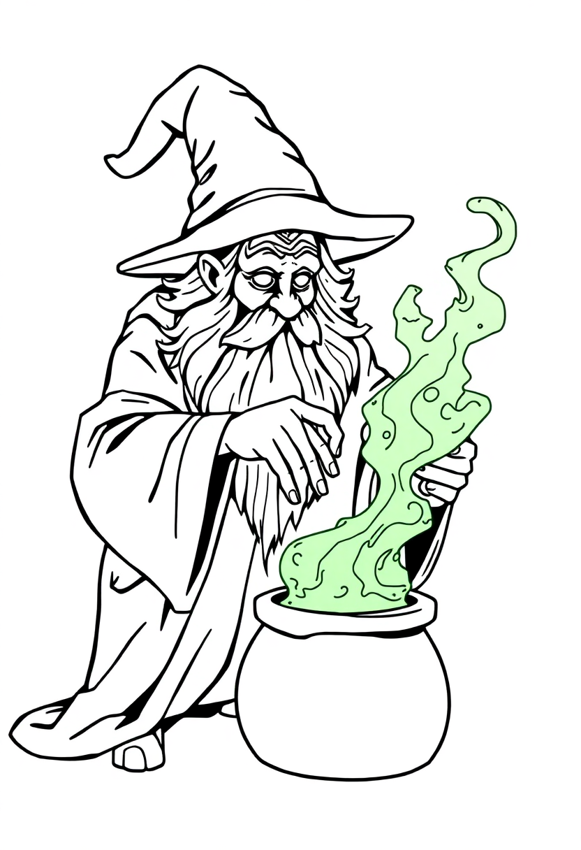 Wizard Brewing Magic Potion coloring page for kids