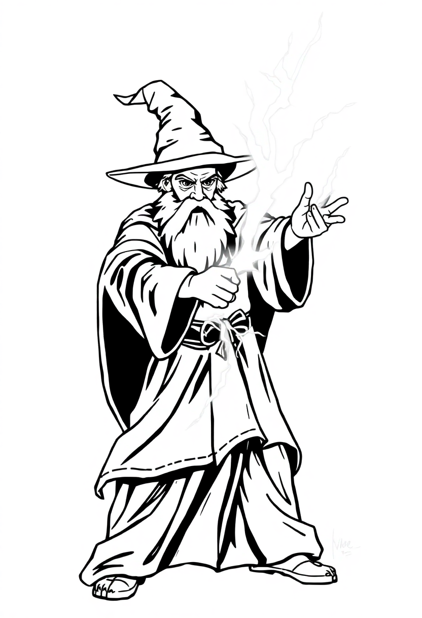 Wizard Casting Lightning Spell coloring page for kids