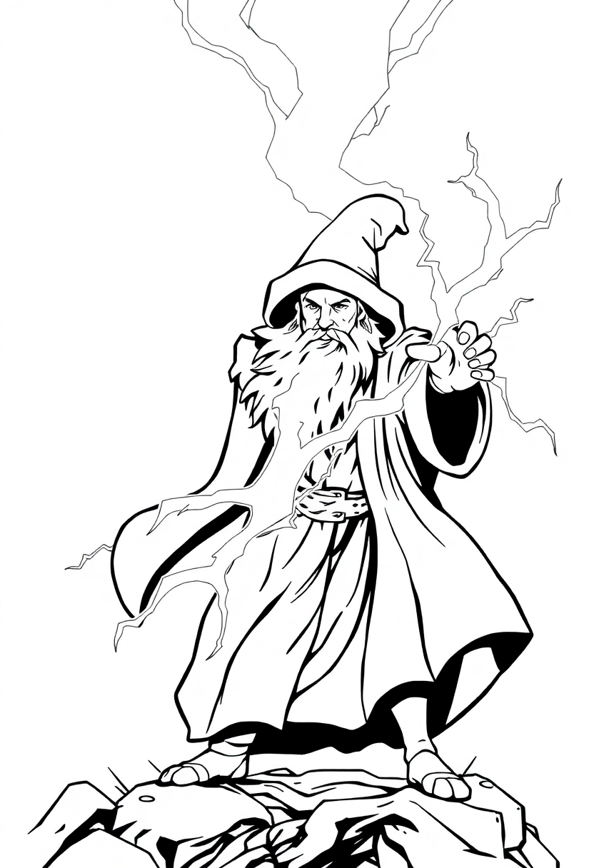 Wizard Casting Lightning Spell coloring page for kids