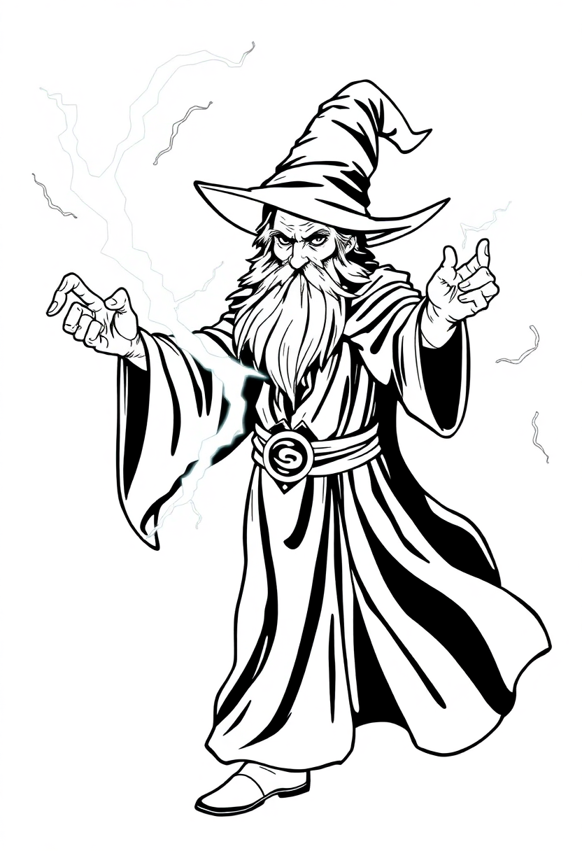 Wizard Casting Lightning Spell coloring page for kids