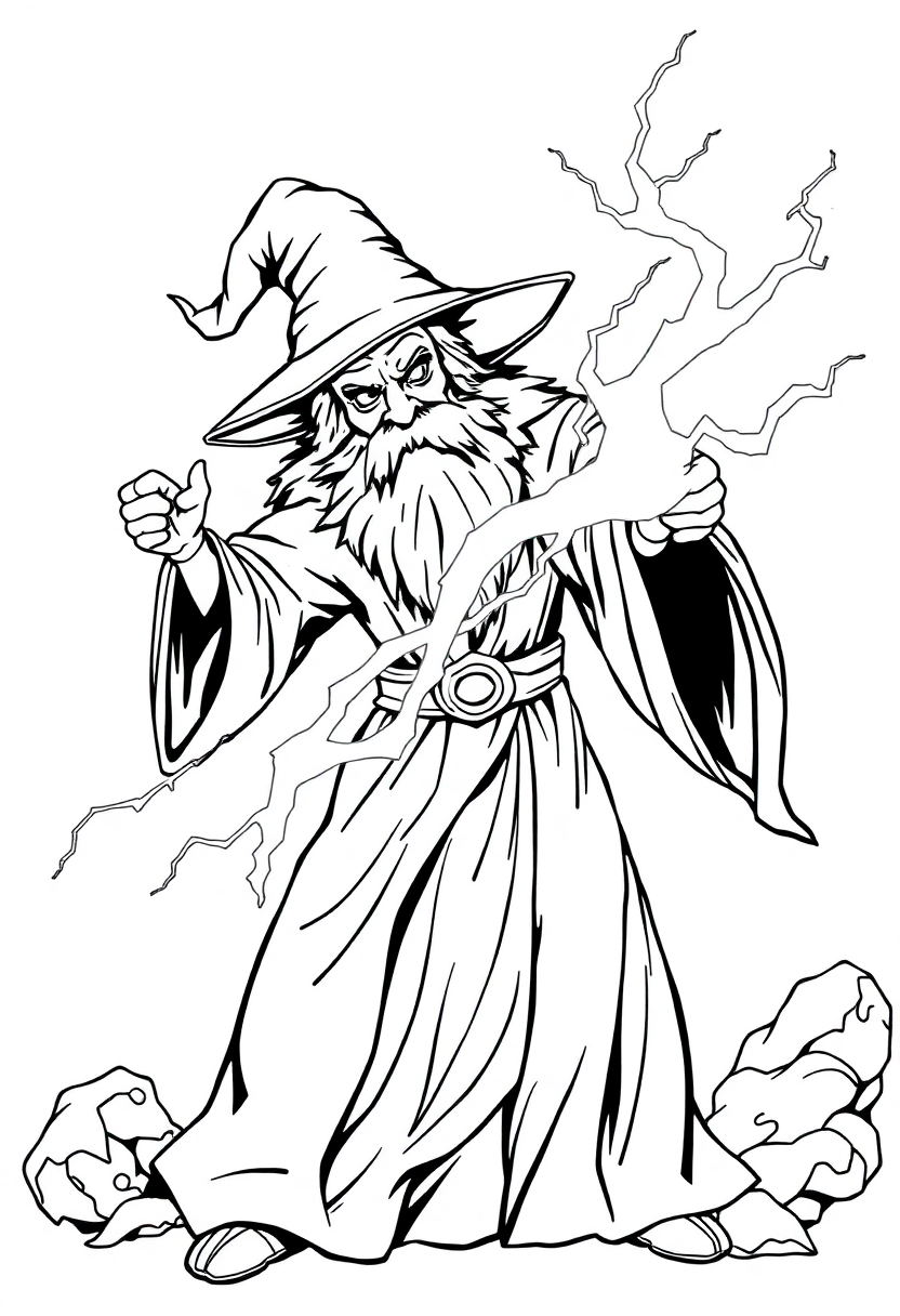 Wizard Casting Lightning Spell coloring pages