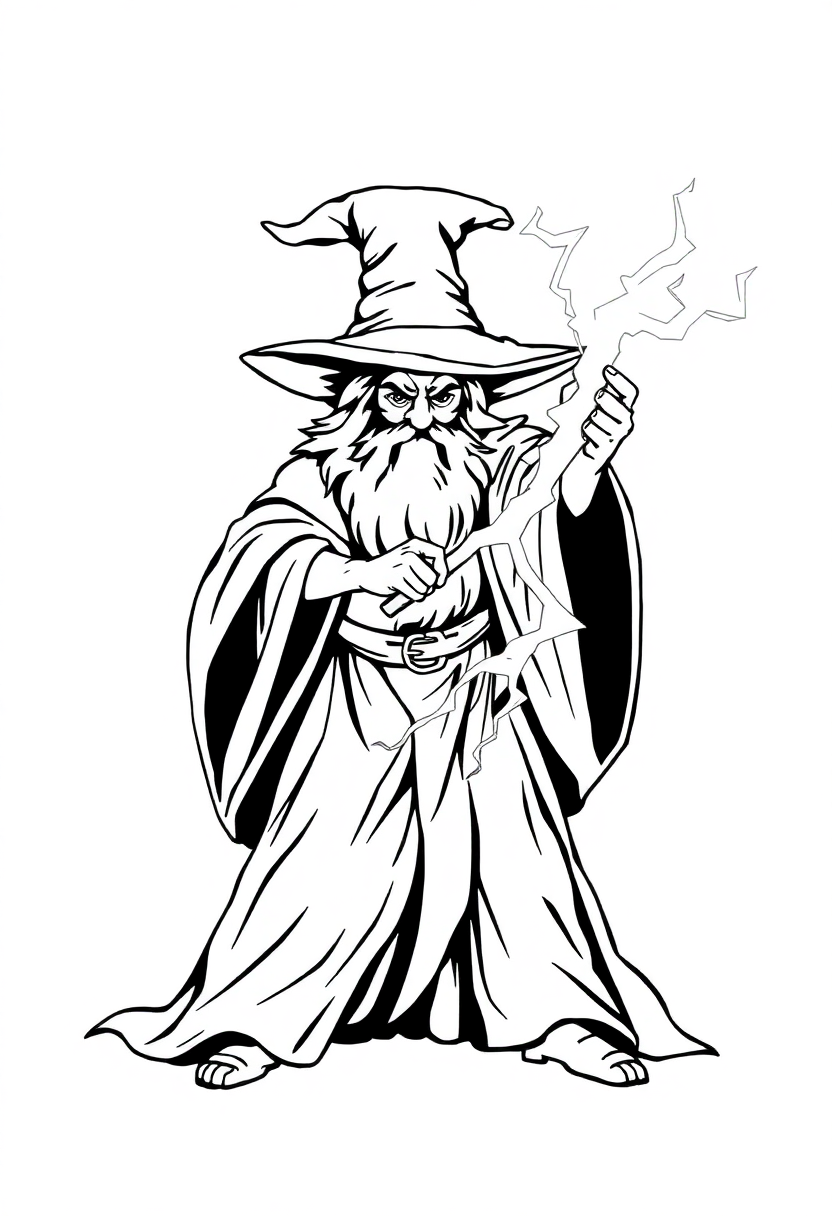 Wizard Casting Lightning Spell coloring page for kids
