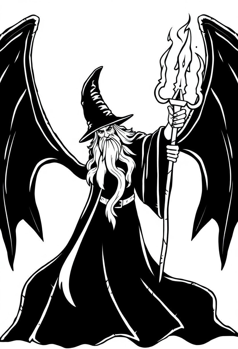 Detailed wizard coloring page showing bearded wizard in robes and pointed hat holding magical staff with spell effects