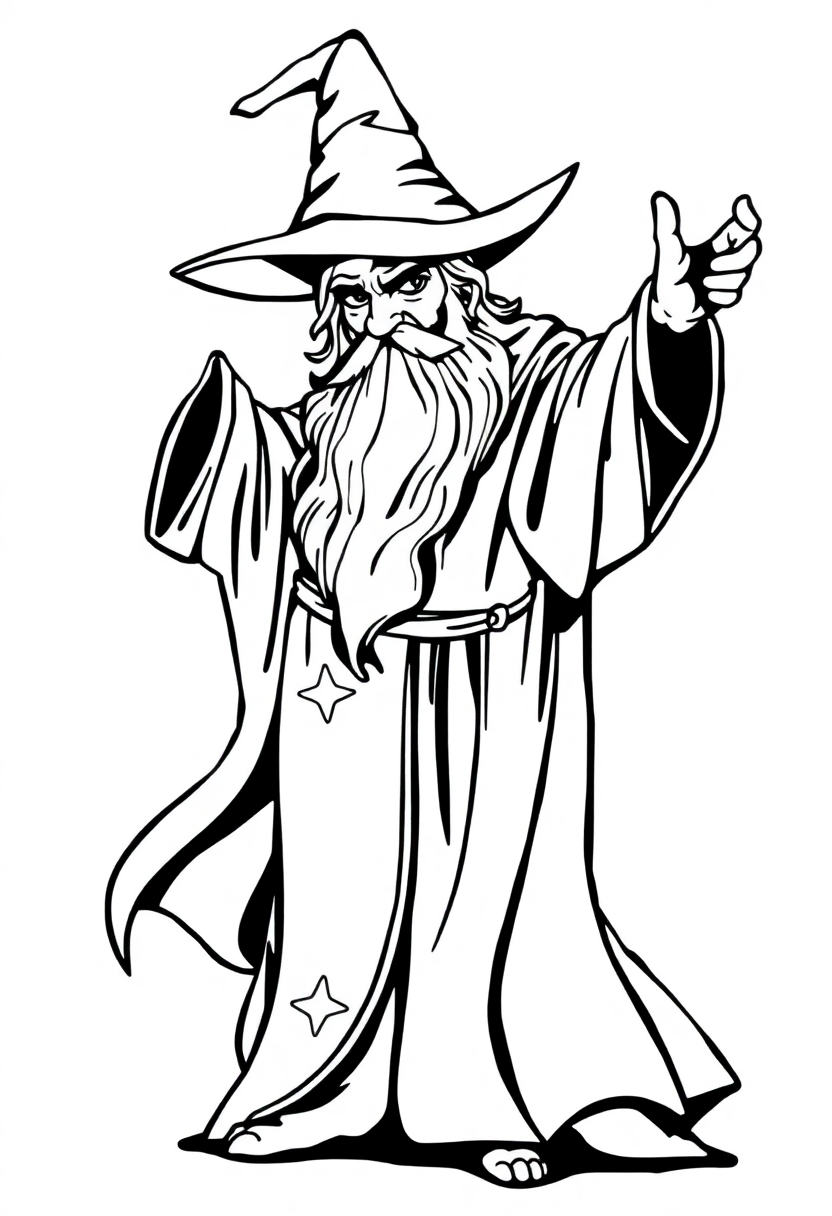 Wizard in Starry Midnight Robes coloring page for kids