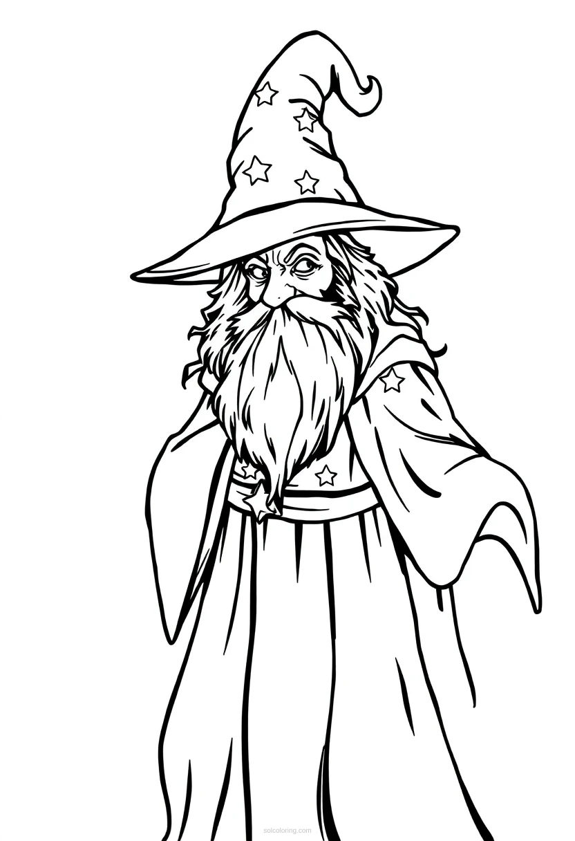 Wizard in Starry Midnight Robes coloring page for kids