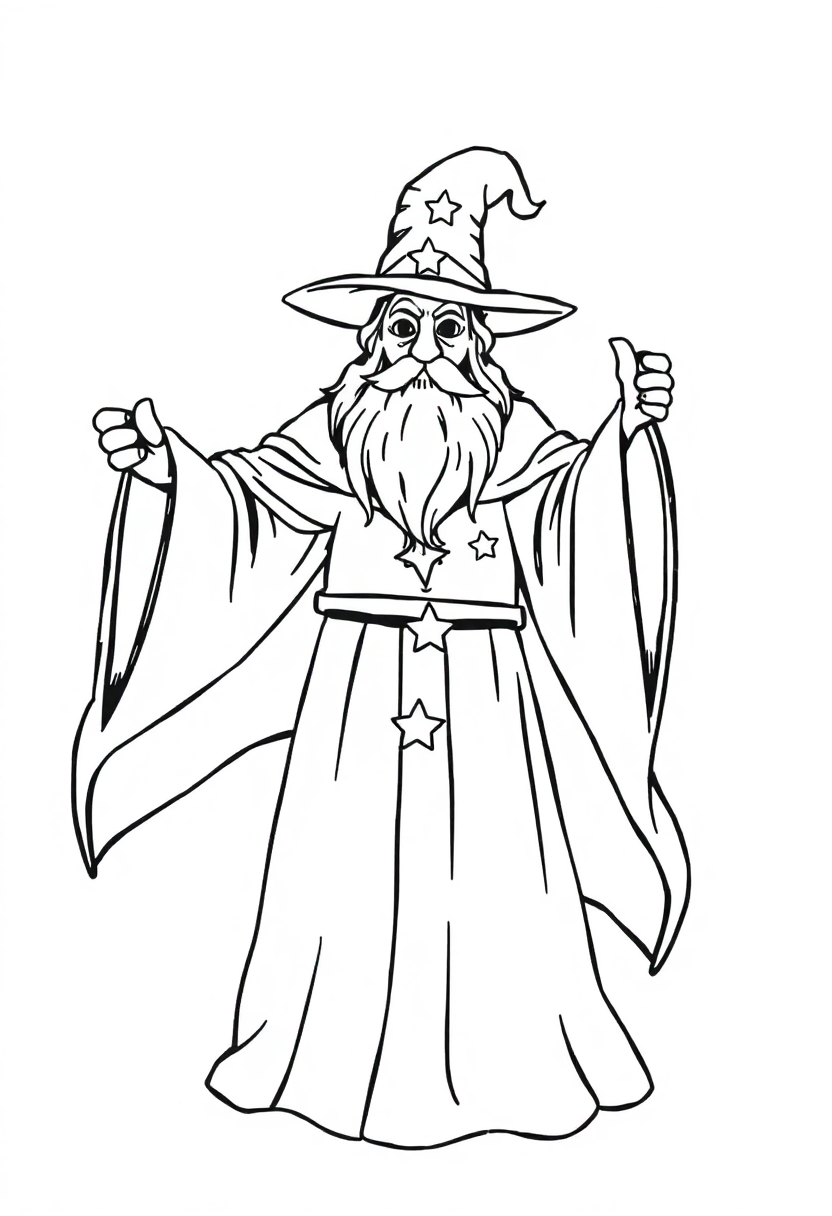 Wizard in Starry Midnight Robes coloring page for kids