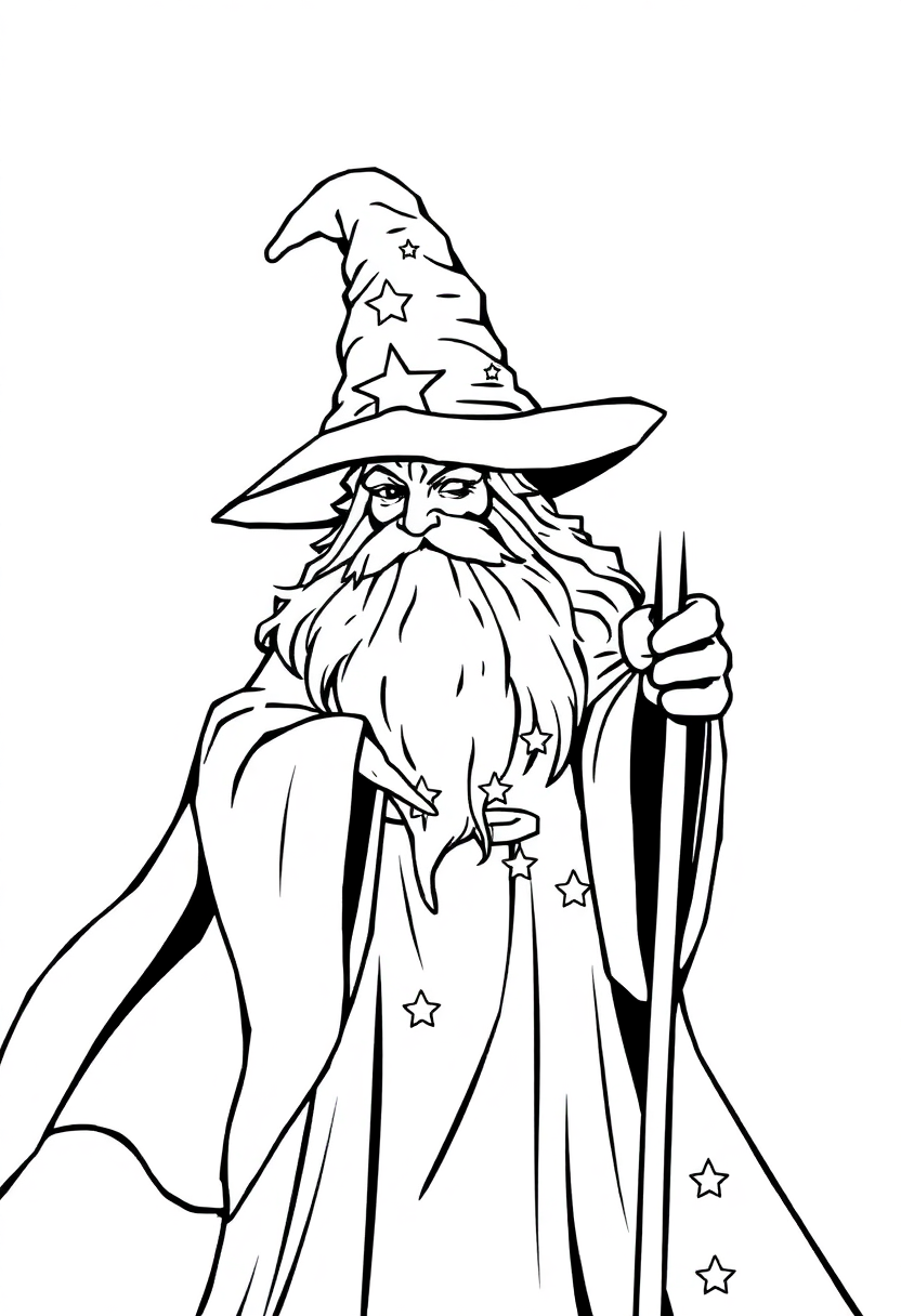 Wizard in Starry Midnight Robes coloring page for kids