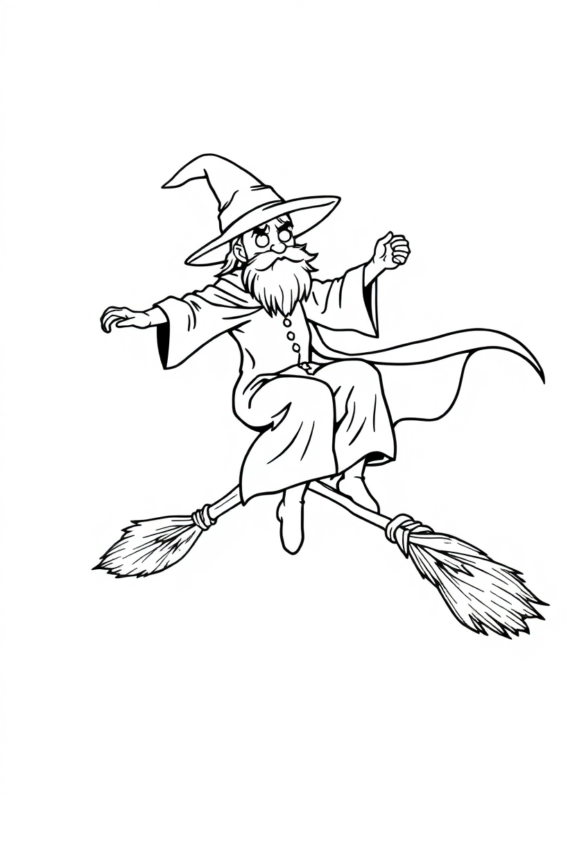 Wizard Riding Flying Broomstick coloring page for kids