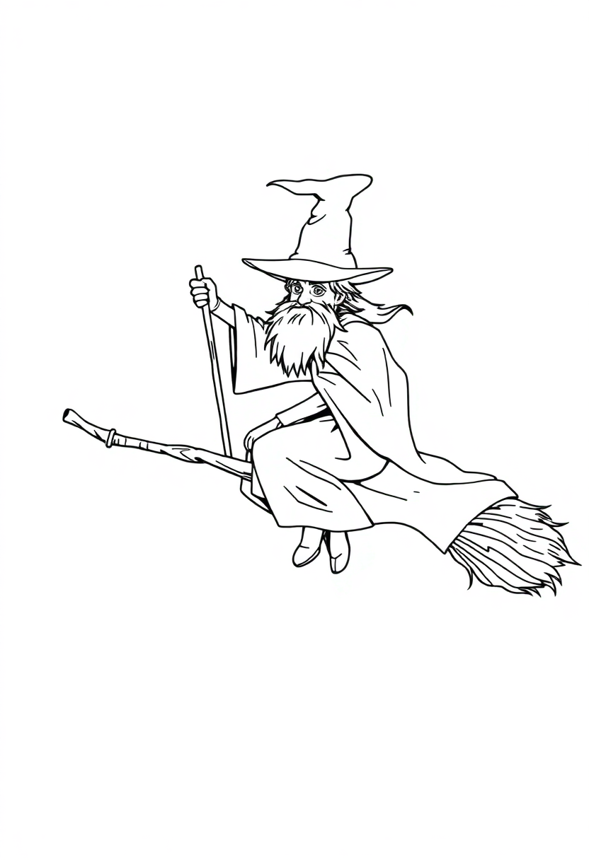 Wizard Riding Flying Broomstick coloring page for kids