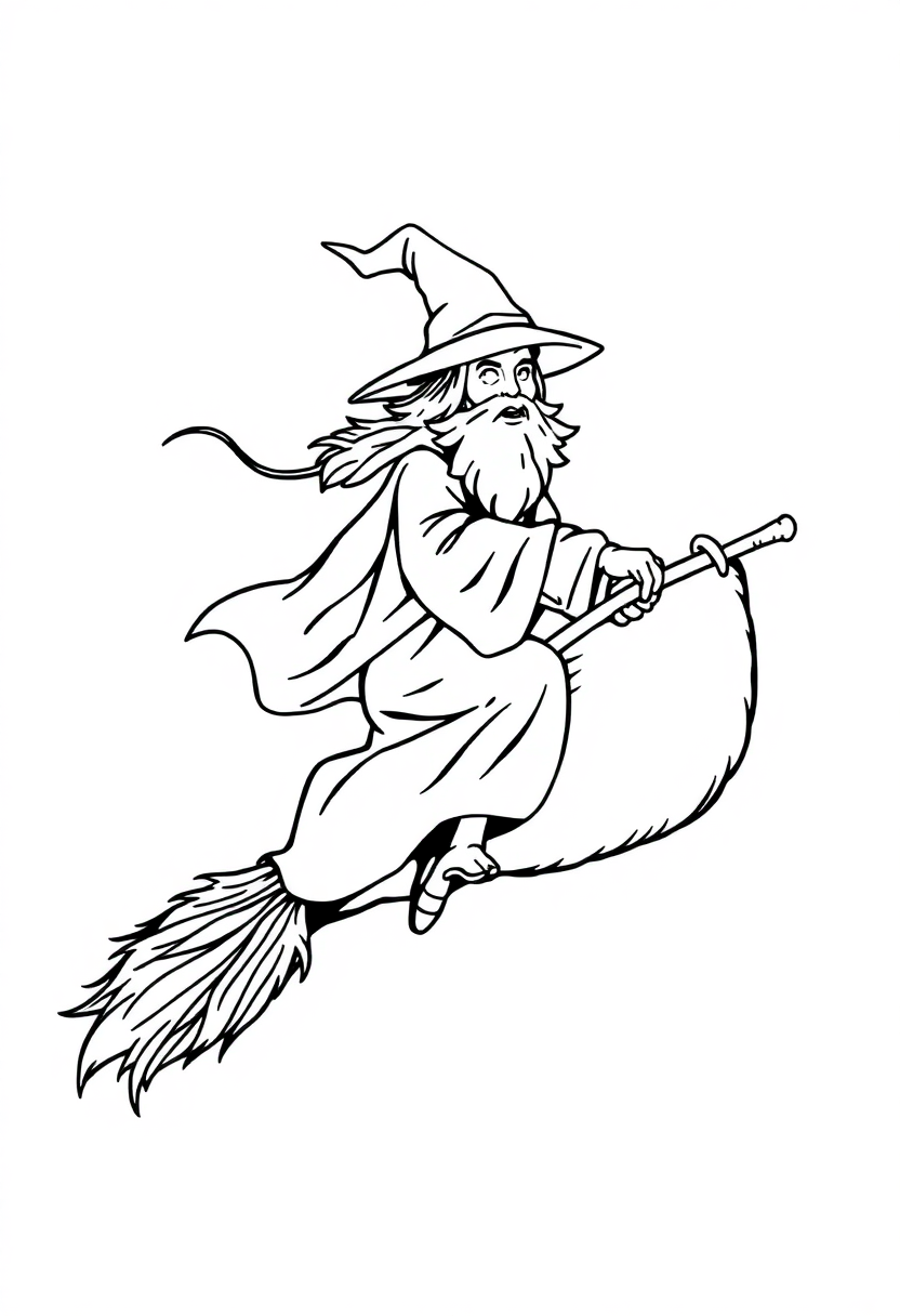 Wizard Riding Flying Broomstick coloring page for kids