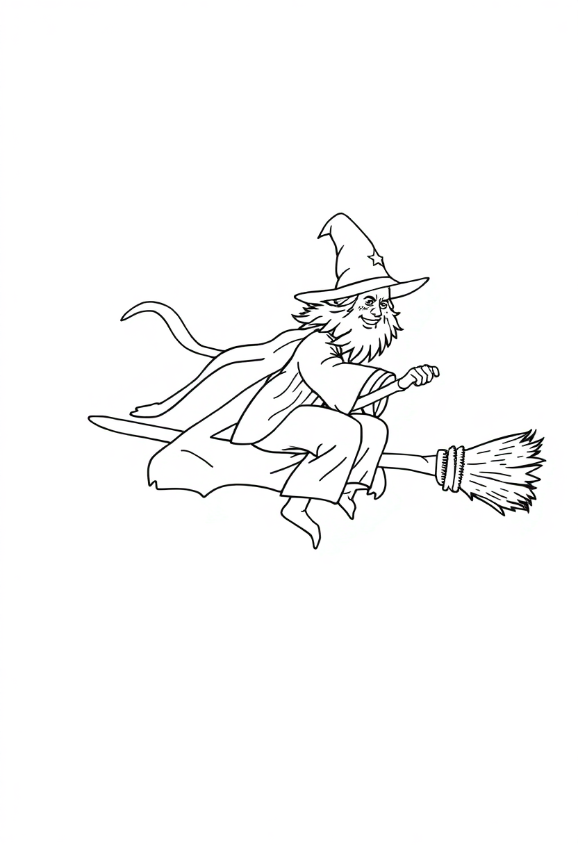 Wizard Riding Flying Broomstick coloring pages