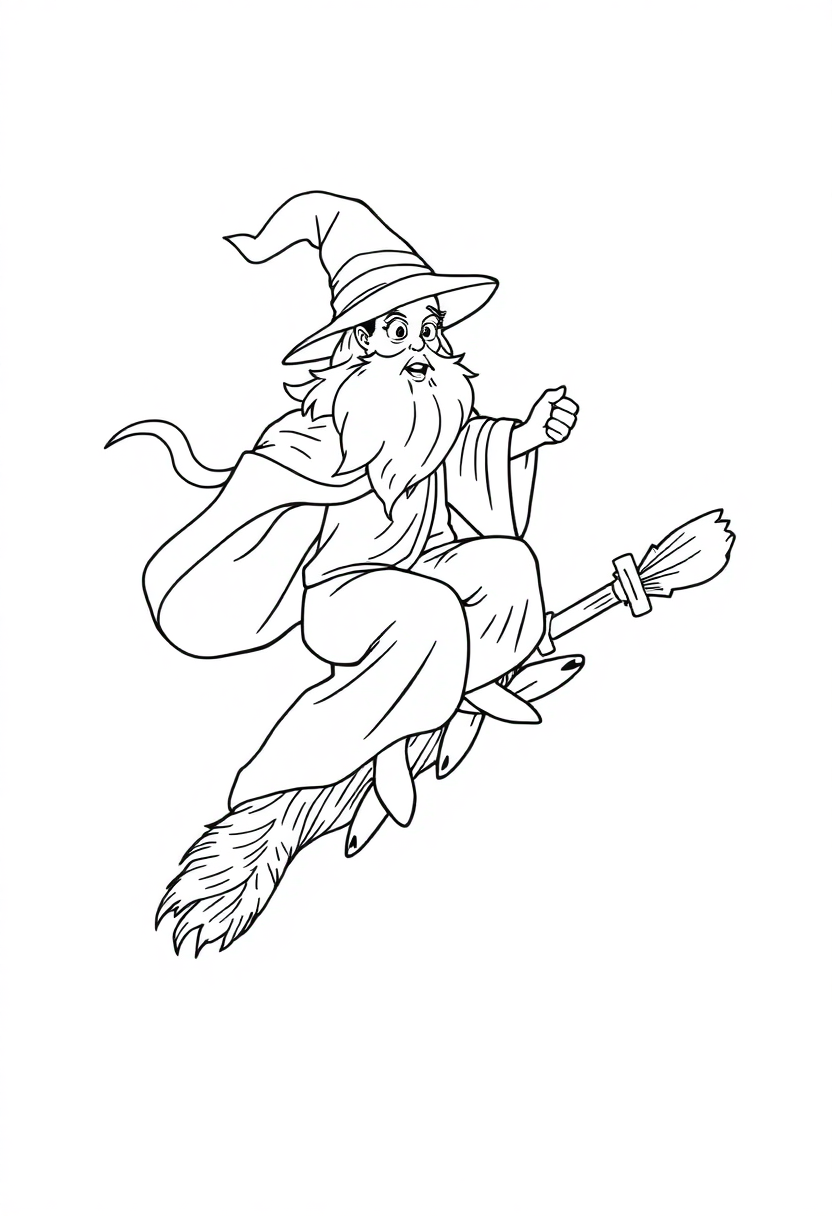 Wizard Riding Flying Broomstick coloring page for kids
