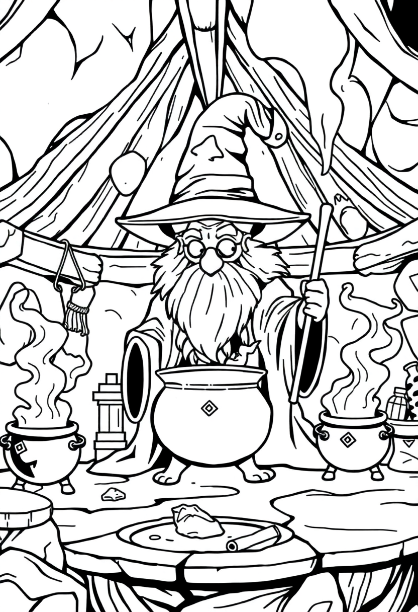 Wizard's Laboratory with Bubbling Cauldrons coloring page for kids