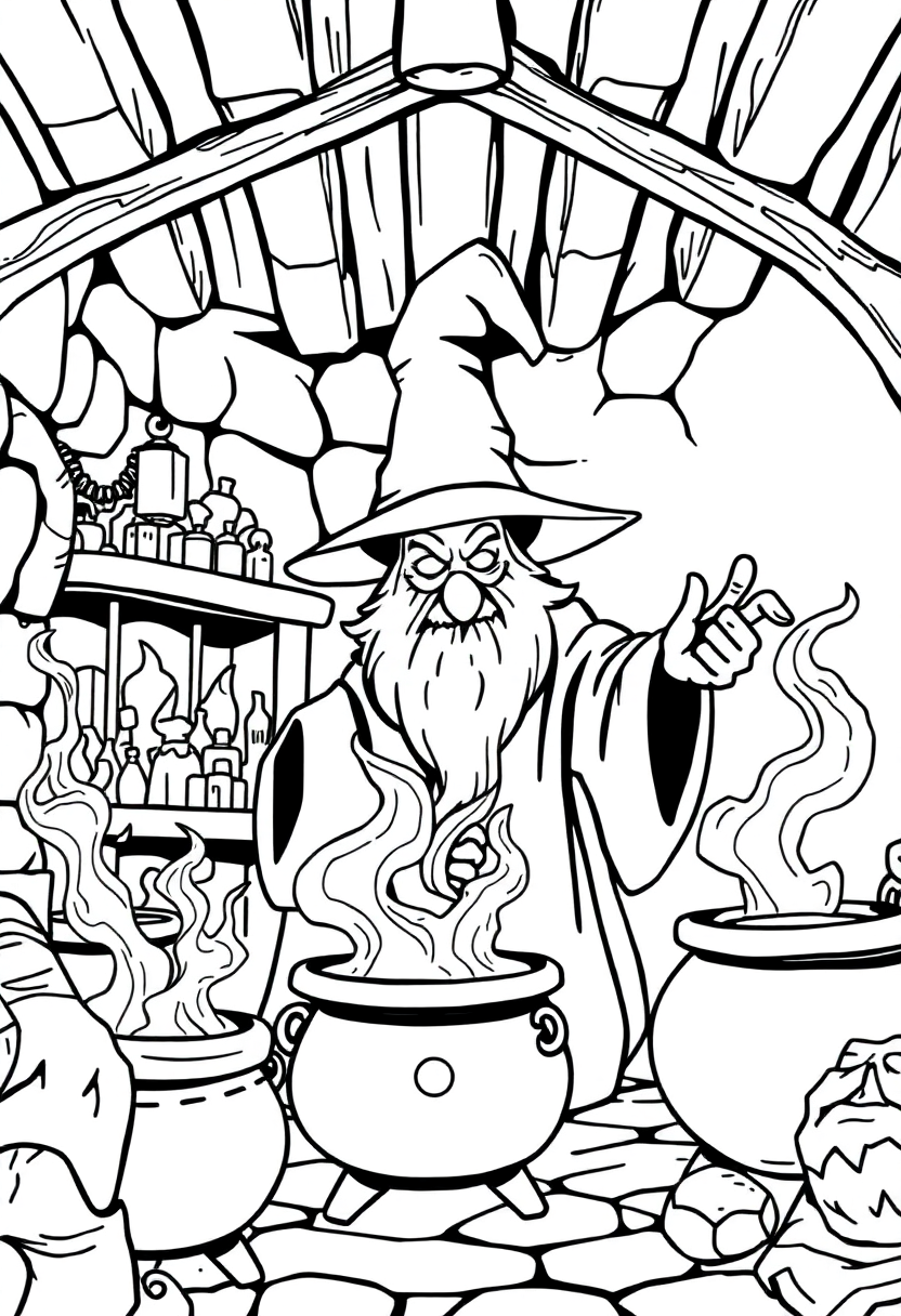Wizard's Laboratory with Bubbling Cauldrons coloring page for kids