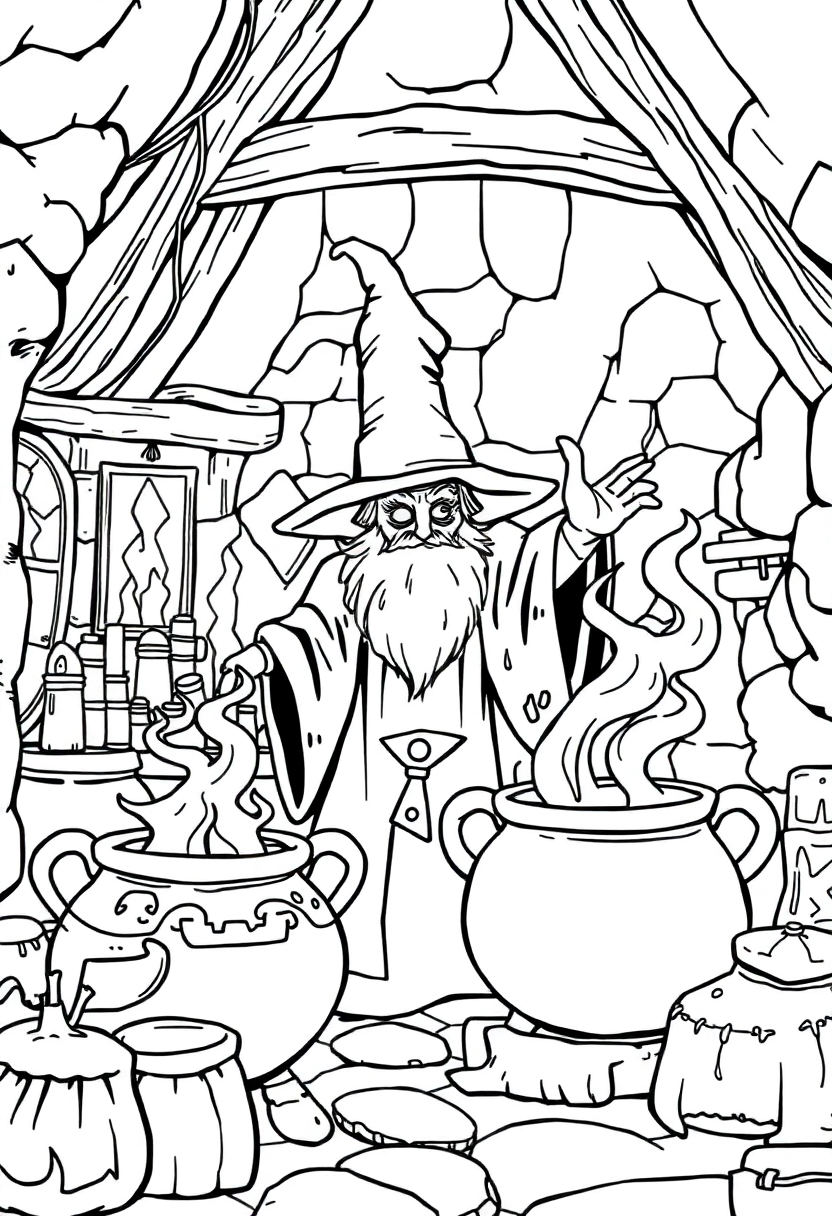 Wizard's Laboratory with Bubbling Cauldrons coloring page for kids