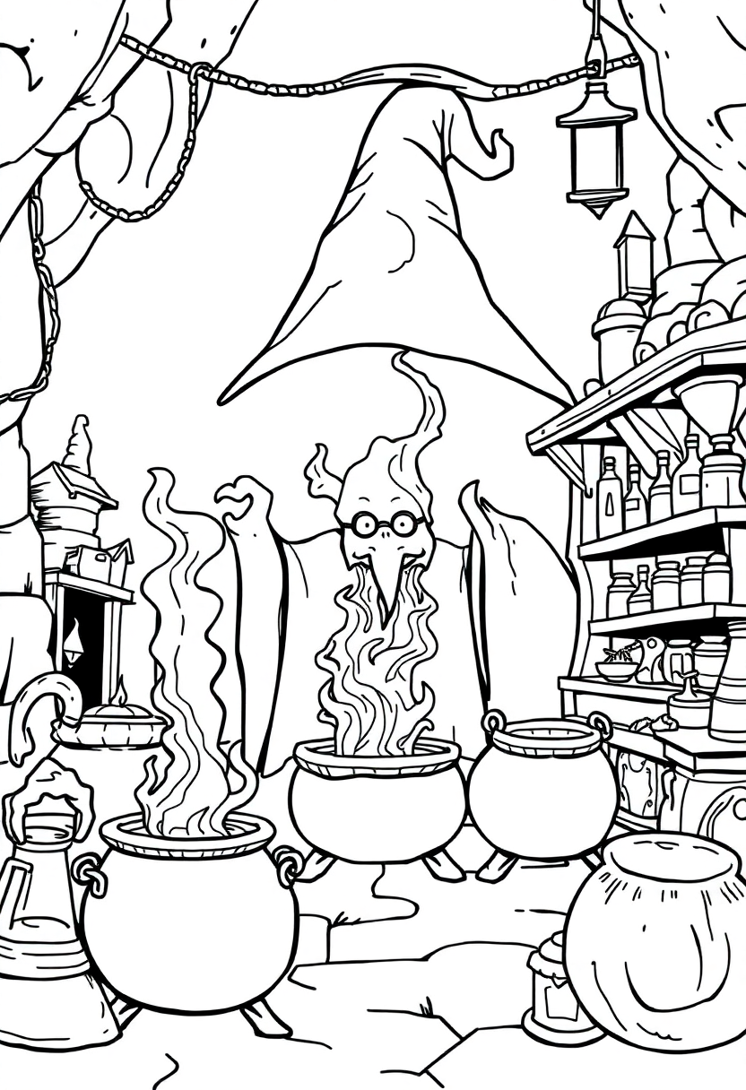 Wizard's Laboratory with Bubbling Cauldrons coloring page for kids