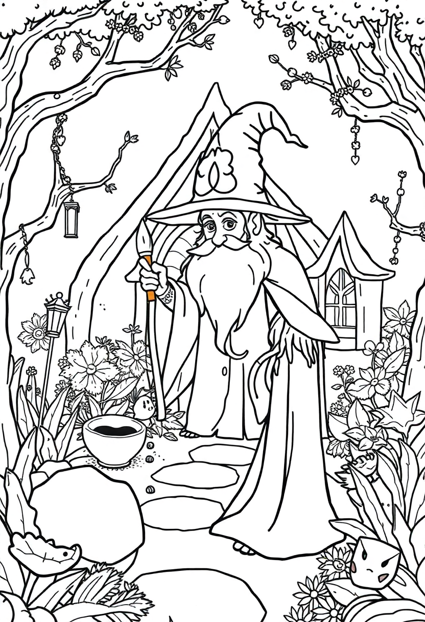 Wizard's Magical Garden Sanctuary coloring page for kids