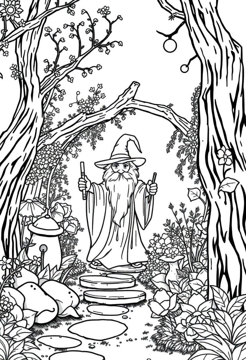 Wizard's Magical Garden Sanctuary coloring page for kids