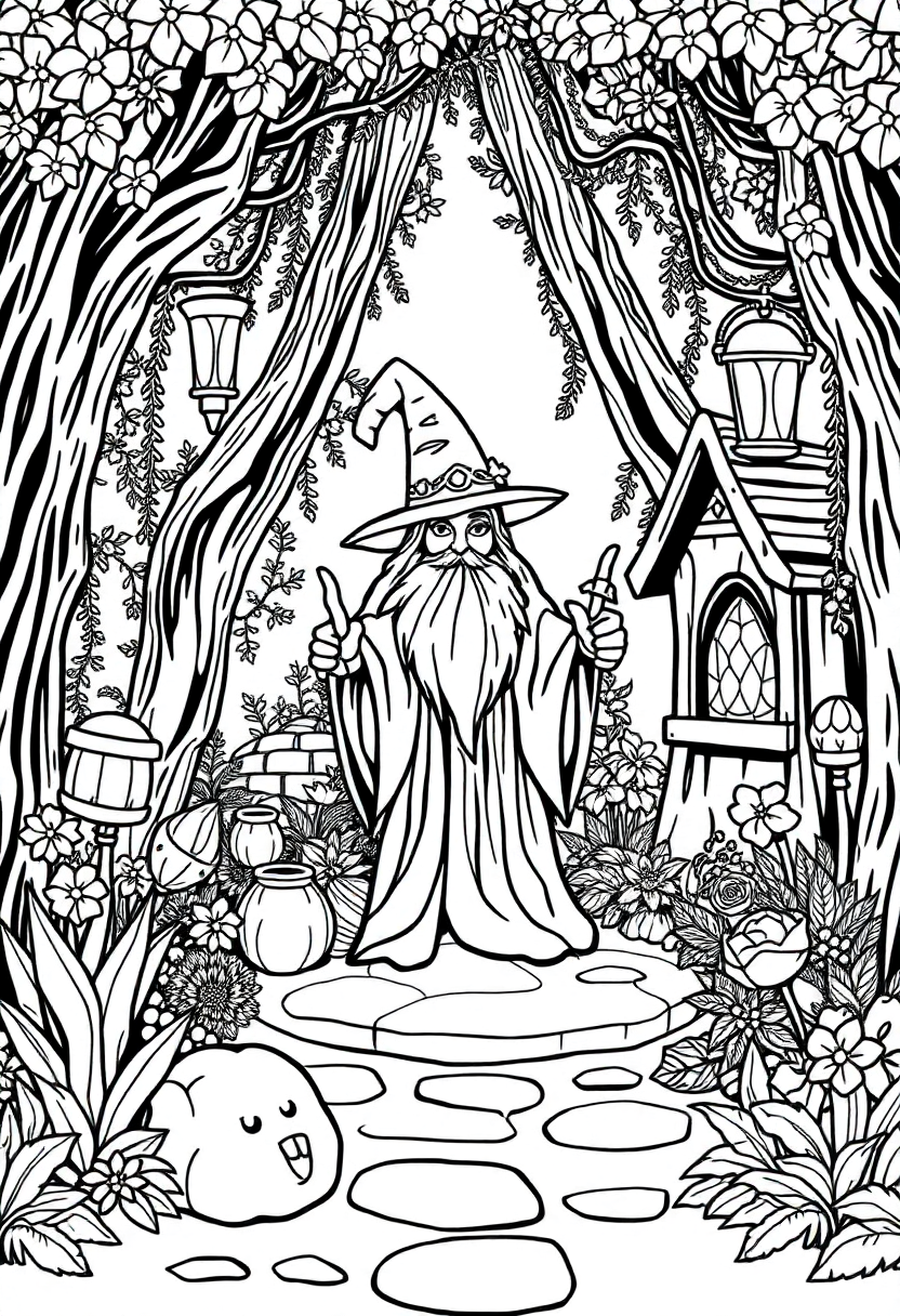 Wizard's Magical Garden Sanctuary coloring page for kids