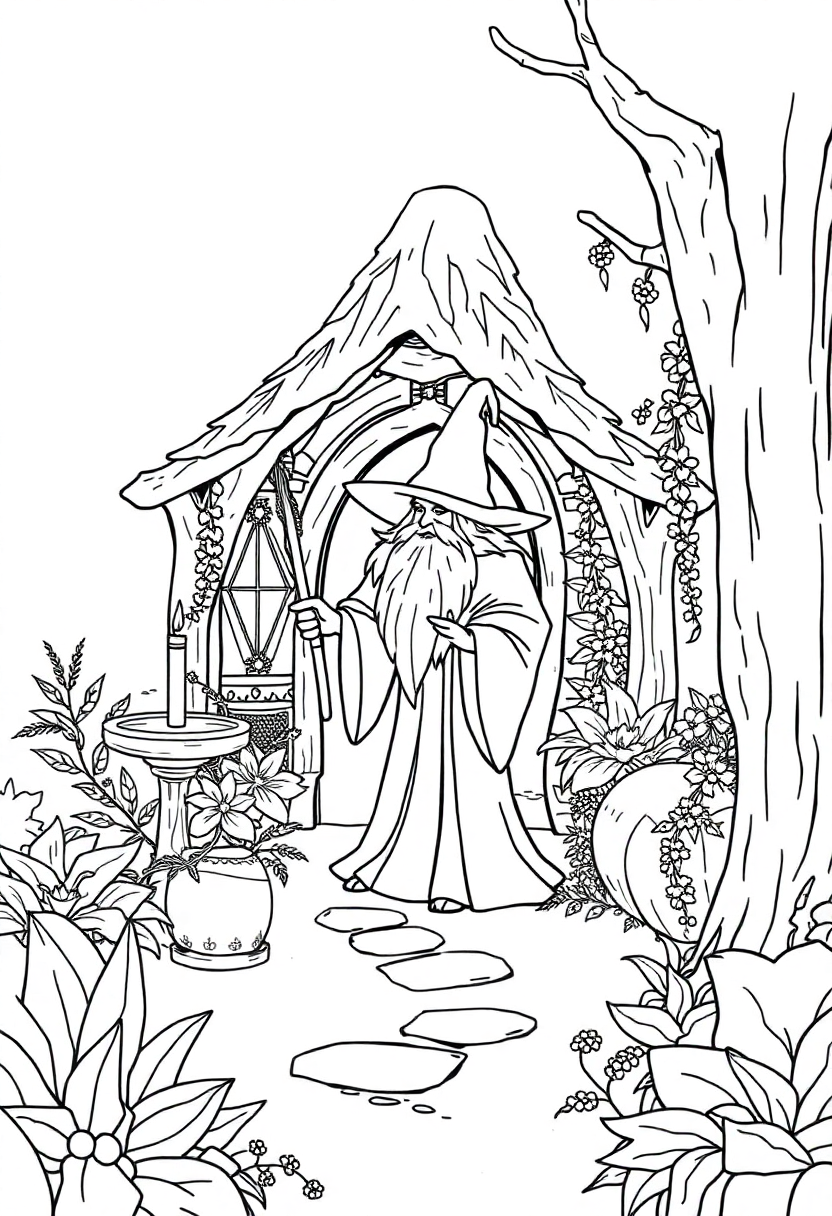 Wizard's Magical Garden Sanctuary coloring page for kids