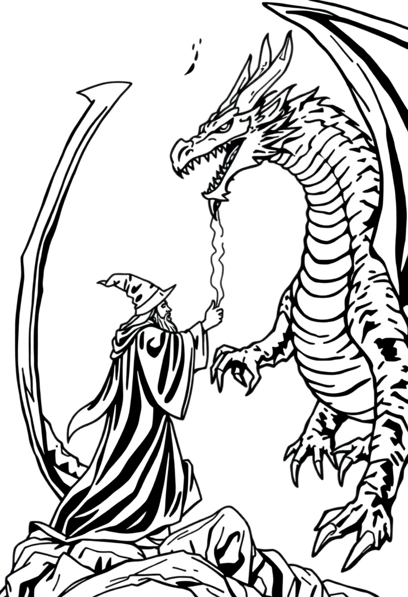 Wizard Summoning Dragon coloring page for kids