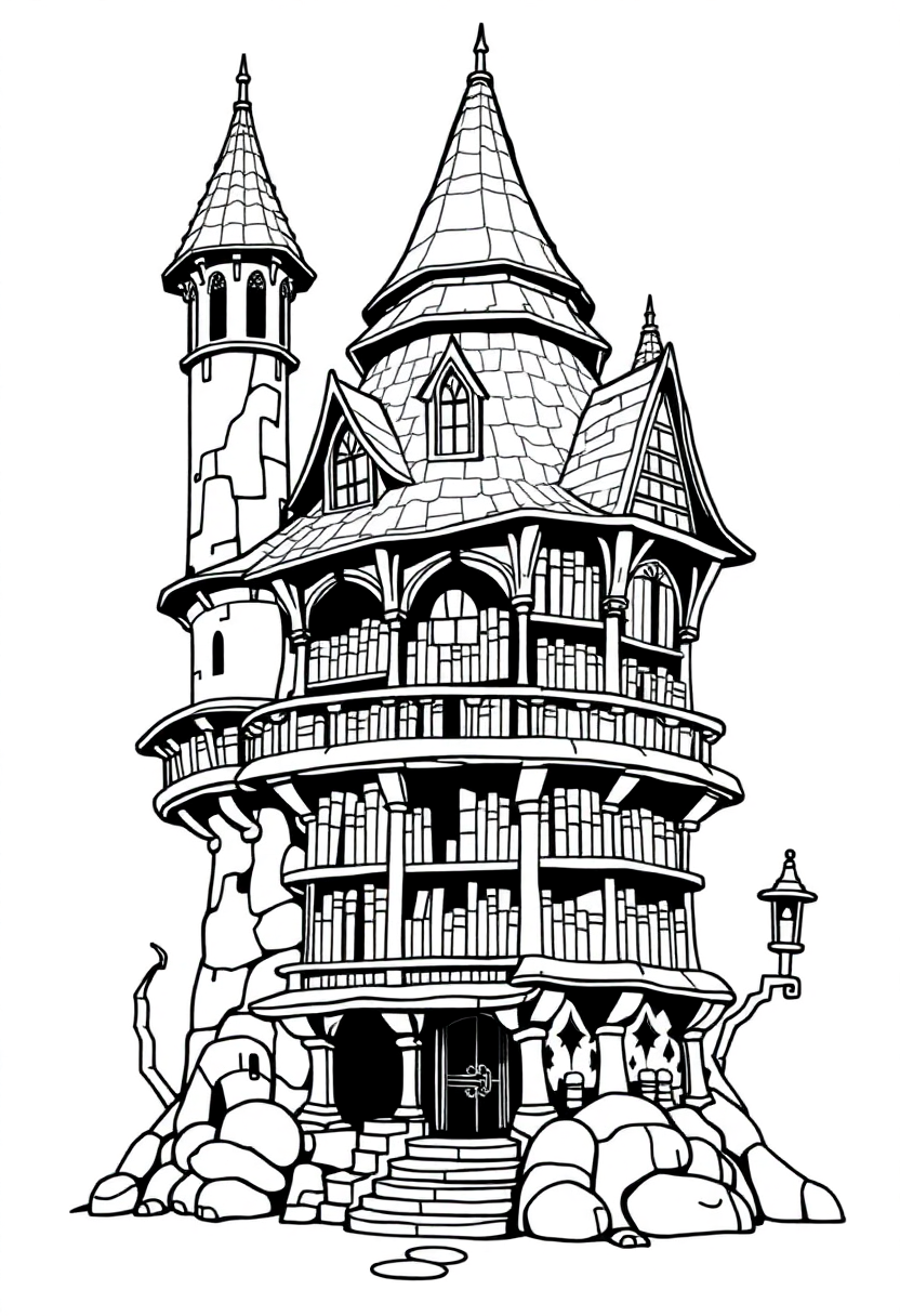 Wizard Tower Library coloring page for kids