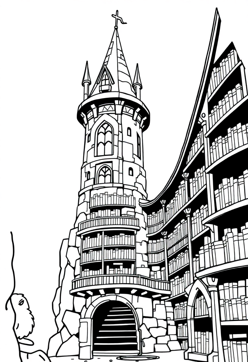 Wizard Tower Library coloring page for kids
