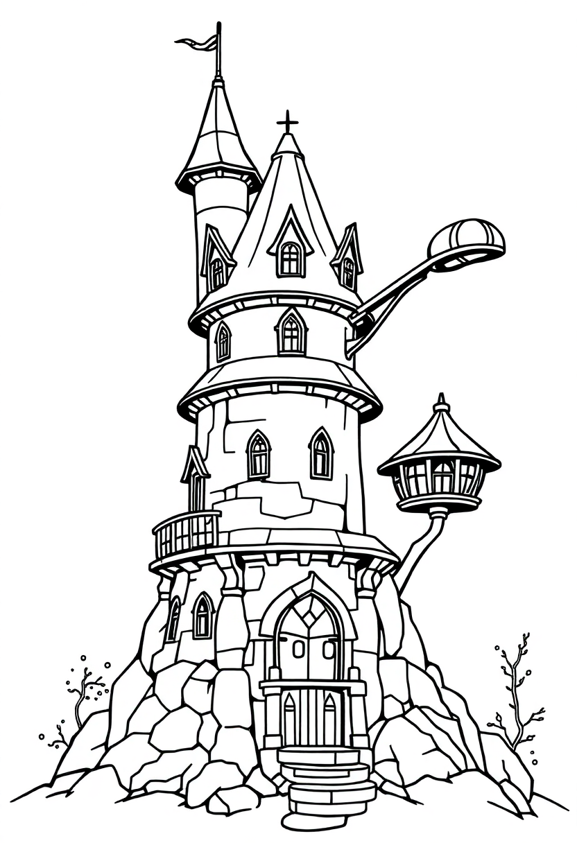Wizard Tower with Magical Observatory coloring page for kids